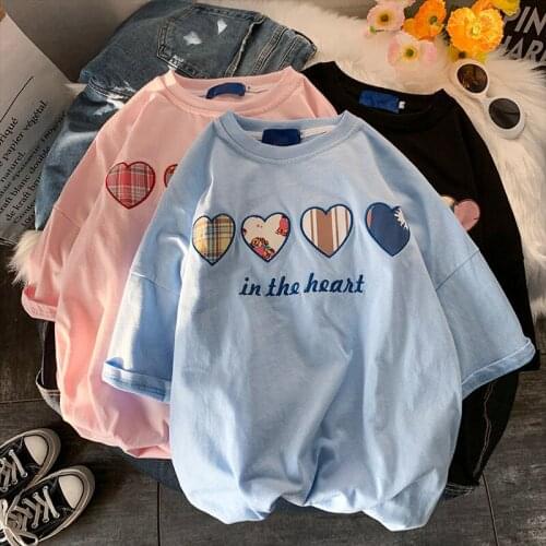Sweet Heart Cotton Short Sleeve T-shirt Women 2021 Loose Korean Ins Harajuku Cute Kawaii Japanese Casual Tops Summer Tee Tshirt