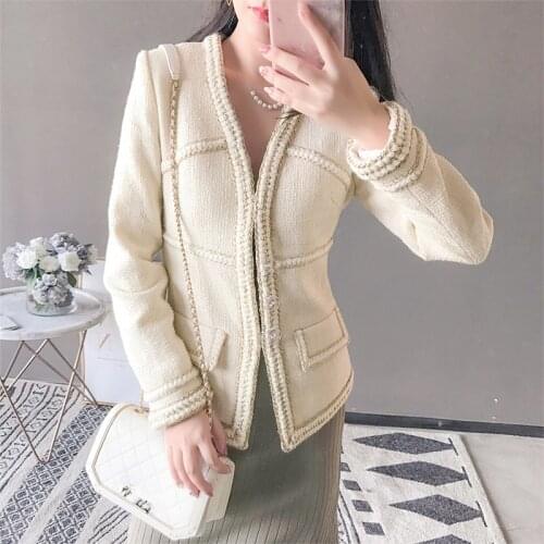 2021 fall/winter luxury tweed wool jacket women slim runway jacket Gold Thread weave vintage designer coat deep-V neck outerwear