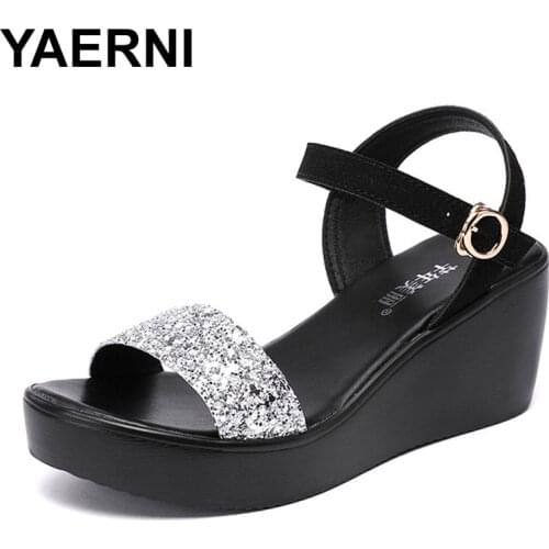 YAERNI Medium heel sandals women 2020 summer new platform gold wedge sandal