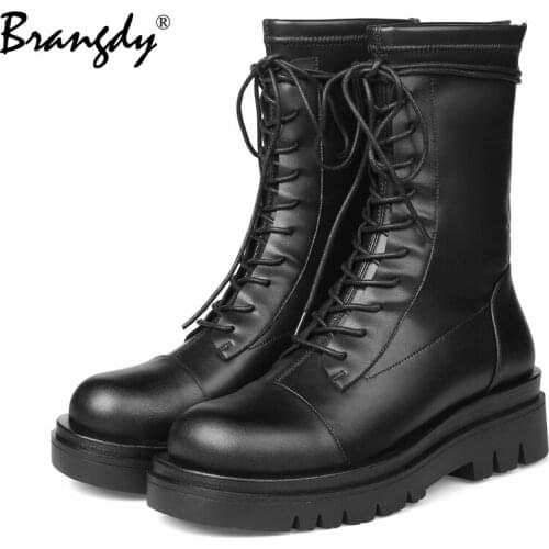Brangdy Chunky Platform Leather Knee High Boots Women Punk Increasing Long Woman Lace Up Booties Mujer 2021 Zip Chelsea Women