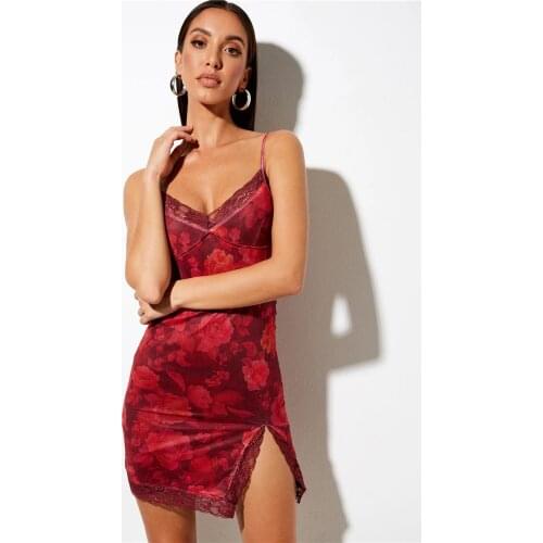 Women Sexy Lace Trim Mini Dress Retro Floral Print Sleeveless Spaghetti Strap V-Neck High Waist Hem Slit Dress Nightclub