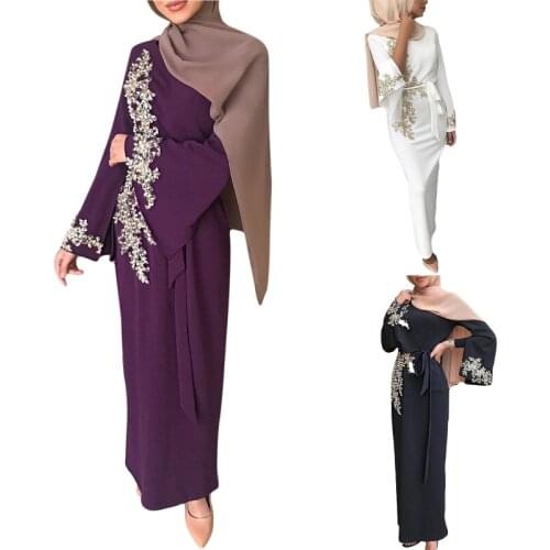 Women Muslim Dubai Abaya Long Sleeve Maxi Dress Floral Lace Beading Splice Turkey Hijab Robe Kaftan Islamic Clothing