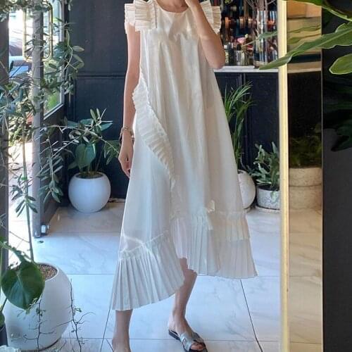 Designed Pleated Stitching Loose Casual Shirt Dress Women Fashion Black White Irregular Dress Sleeveless Ruffled Dress Vestidos