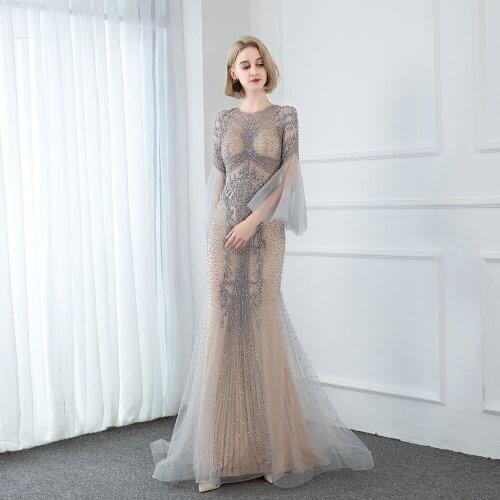2021 Luxury Nude Rhinestone Full Sleeve Evening Dresses Long Mermaid Tulle See Through Formal Party Gowns Robe De Soiree YQLNNE