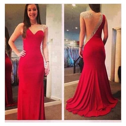 2015 Fashion Illussion Jewel Sleeveless Beaded Sheer Back Mermaid Prom Dresses