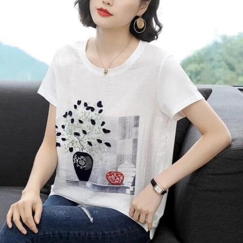 2021 Summer New O Neck 100% Cotton T Shirt Woman Short Sleeve Shirt Woman T-shirt Loose Korean Style Plus Size Women Shirts