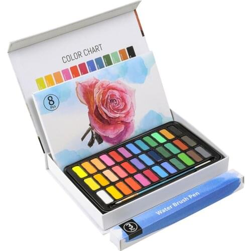 36 Colors Solid Pigment Watercolor Paint Set with 8 Sheets 300GSM Paper and Water Brush Pen for Professional Art Supplies