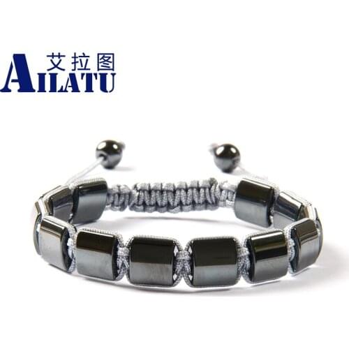Ailatu Wholesale 10pcs/lot High Quality Black Helmatite Stone Square Beads Macrame Braiding Bracelet for Mens Gift