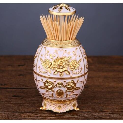 European Vintage Easter Egg Shaped Gold Plating White Enameled Rose Flower Design Metal Alloy Automatic Toothpick Holder