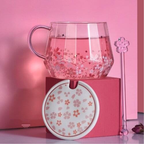 Cherry Blossom Cup Heat-resistant Glass Cup with Spoon Cover Lovely Girl Fresh Flower Cup Office Ins Wind Gift