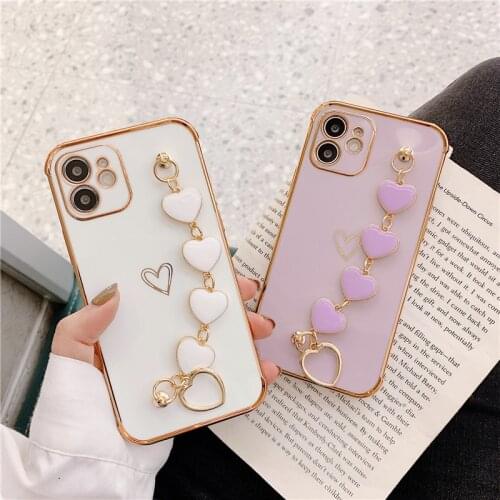 Fashion love metal heart pearl bracelet chain 3D plating phone case for iPhone 12 Pro Max 11 Pro MAX X XS SE XR 7 8 plus Cover