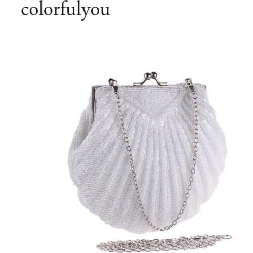 Colorfulyou Women Evening Bag Handmade Beading handbag Purse white Shell Shape chain shoulder Bags Women Wedding Party Bags