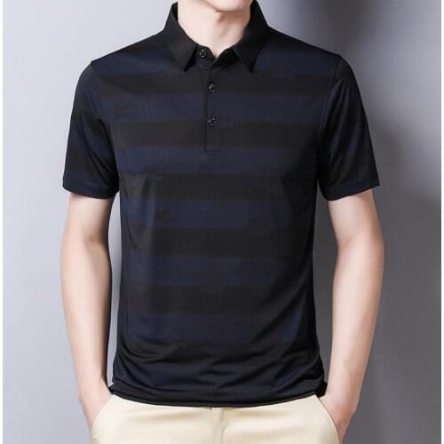 Men T-shirt Ice Silk Turn Down Collar Summer Short Sleeve Striped Slim Shirt Top for Business