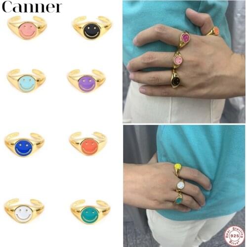 Canner 2021 Trend 100% 925 Sterling Silver Finger Rings For Women Open Smile Charm Rings Wedding Jewelry Bague Femme Anillo W5