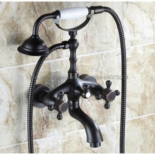Black Oil Rubbed Brass Wall Mount Bathtub Faucet Dual Handles Swivel Spout Mixer Tap with Hand Sprayer Ntf041