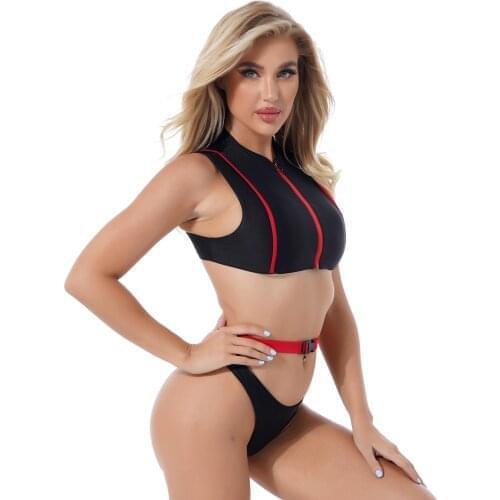 Fashion Women Color Block Swimsuit Bathing Suit Zipper Front Skinny Sport O Neck Sleeveless Crop Top with High Cut Briefs Belt