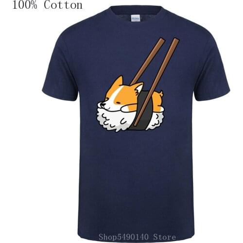 Men Funny Print Sushi Corgi T-Shirts 100% Cotton O Neck Plus Size Tshirts For Adult Clothing Dog Leisure Short Sleeve Tee Shirts