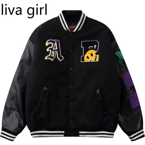 Mens Patchwork Baseball Jackets Hip Pop Harajuku Bomber Coats Smiley Face Oversized Embroidery Couple PU Leather Streetwear