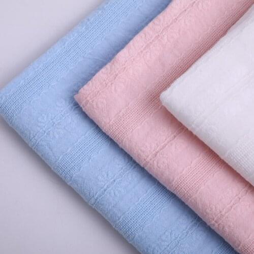 Soft Solid White Jacquard Gauze Cotton Fabric For Dress Shirts, Blue And Pink, By The Meter