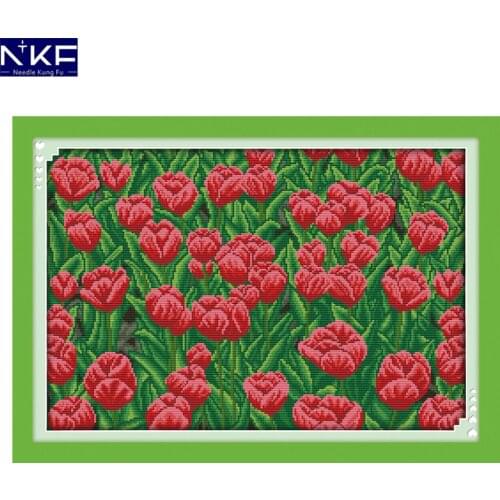 NKF The Tulip Garden Chinese Cross Stitch Pattern 14CT 11CT Needlework Embroidery Counted Cross Stitch Kits for Home Decor