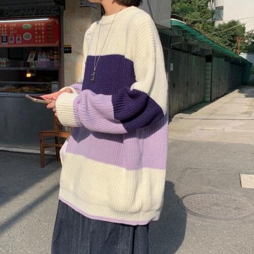 Pullovers Womens Patchwork Vintage Long Sleeve Thicken Knitted Japanese Style Fashion Chic Ulzzzang Loose Casual Warm Sweaters