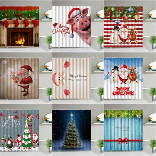 Christmas Shower Curtain Set Santa Claus Elk Snowman Fireplace Tree Fun Cartoon Bathroom Living Room Background Decor With Hooks