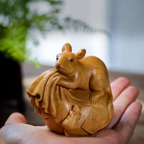 Boxwood 7cm Mouse Sculpture Wood Carving Animal Rat Lucky Home Chinese Zodiac Home Decor