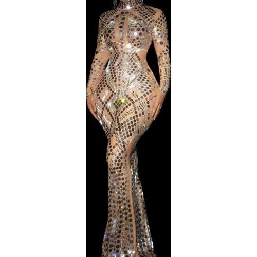 Sexy Crystal Sequin Perspective Party Long Dress Women Floor Length Evening Celebration Bodycon Dress Singer Stage Costumes
