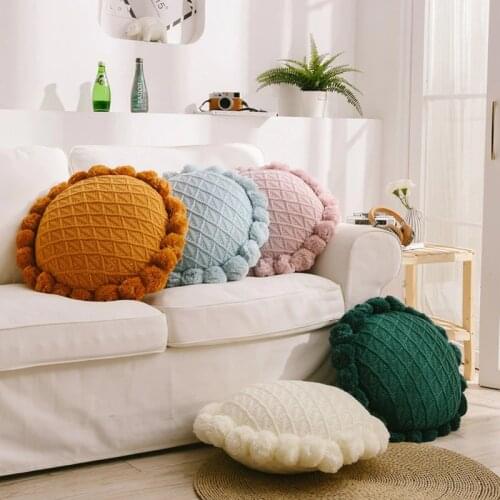 Knitted Cushion with Inner Core White Green Orange Blue Solid Pillow With Pom Pom For Sofa Bed Home Decorative 50*50cm Pillow