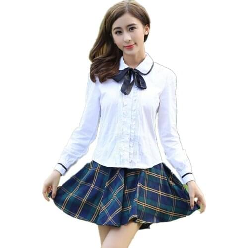 Japanese School Uniform Girls Spring Autumn Cotton Long Sleeve White Shirt + Plaid Skirt High College students Clothes Set women