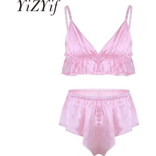 YiZYiF Sexy Men Sissy brief Bra Lingerie Gay Soft Satin panties Silky French Knickers Top Brief Underwear Underpants Sleepwear
