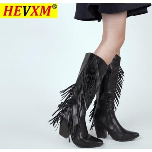 Women 2020 New Pointed Toe Cowboy Boots Square High Heels Knee-High Boots Brown Soft Leather Slip on Tassel Western Boots