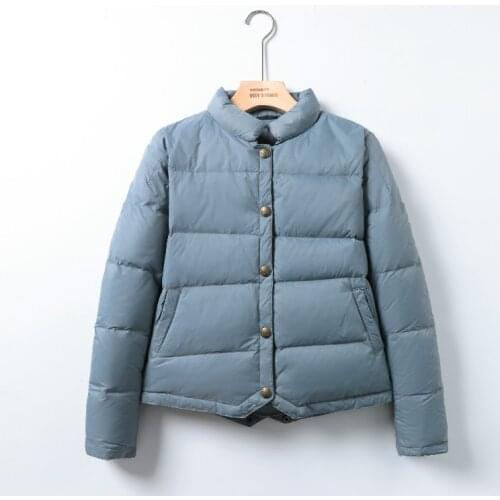 2021 Autumn Winter Women Down Coat Short Stand Collar Single Breatsed Parkas Female Slim Pocket Puffer Jacket Outwear