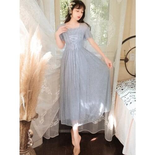 Blue Sweet Fairy Dress Women Summer French Retro Bow Tie Ruffled Square Collar Elegant Chic Ruffled Sleeve Gentle Gauze Dresses