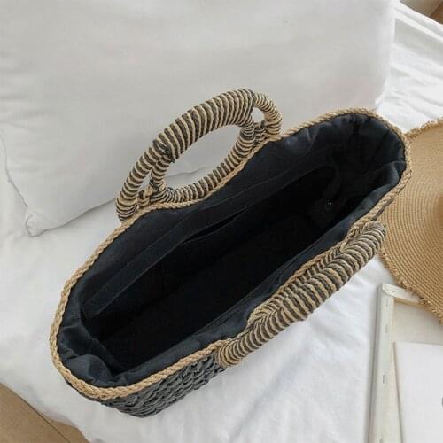 066F Bohemian Women Summer Beach Woven Straw Handbag with Round Top Handle Travel Vacation Weave Braided Zipper Large Tote Bag