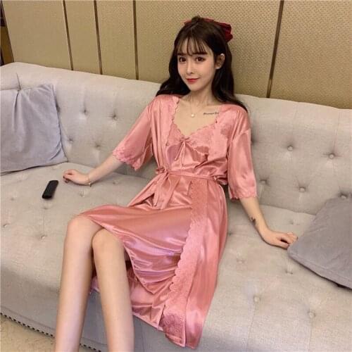 2021 New Nightdress Womens Ice Silk Sexy Two Piece Nightdress Sling Real Ice Silk Nightgown Two Piece Suit Women Robe Sets