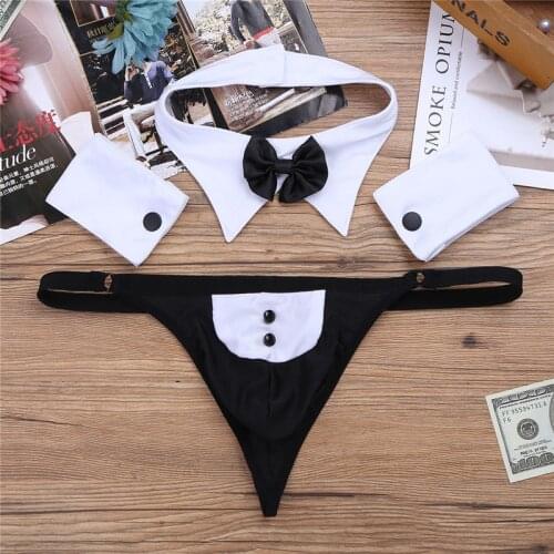 3Pcs Mens Waiter Lingerie Suit Open Back Tuxedo G-string Thong with Bow Tie Collar Homme Underwear Gay Sexy Evening Costumes