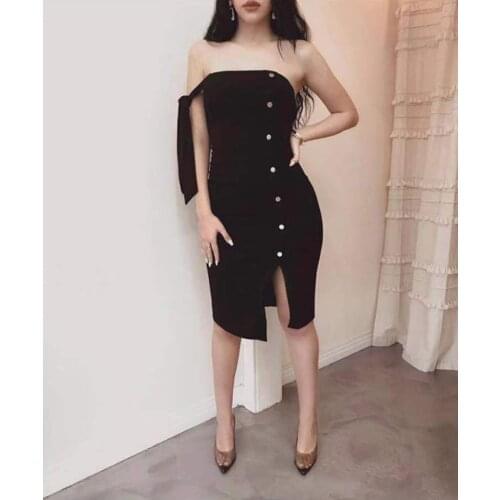 Free mail 2020 new high quality black and white sexy tight one-shoulder bow fashion rayon bandage evening party dress