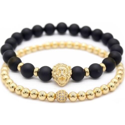 2pcs/ Set 8mm Black Nature Stone Leo Lion Head Bracelet Set CZ Crystal Copper Ball Beads Bracelets for Men Luxury Jewelry Gifts