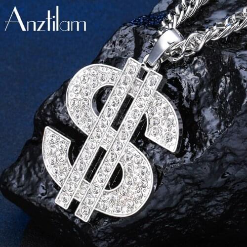 Hip Hop Gold Silver Color Iced Out US Dollars Pendants Paved Zircon Stone Long Link Chain Necklaces For Men Rapper Women Jewelry