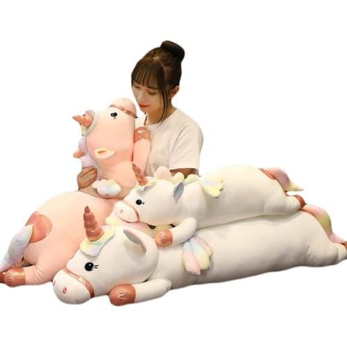 60-130cm Cute Unicorn Long Plush Pillow Stuffed Plush Unicorn with Colorful Wings Kids Toys Gift for Girl