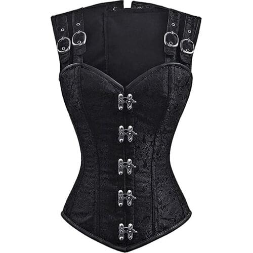 Womens Gothic Steampunk Brocade Steel Boned Waist Cincher Corset Vest with Buckle Bustier
