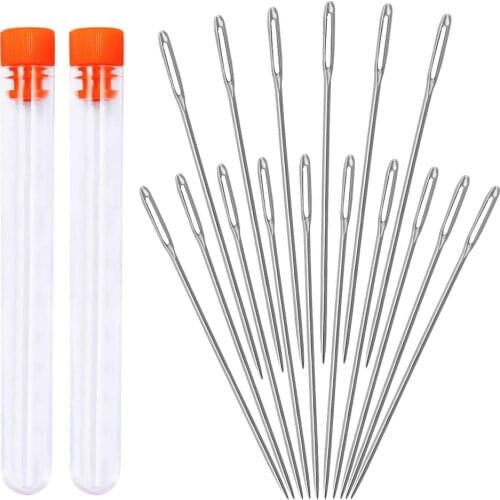 KAOBUY 16 PCS Long Sewing Needles - 2 Size Large Eye Stitching Needles With Needle Storage Tube, Hand Sewing Needles
