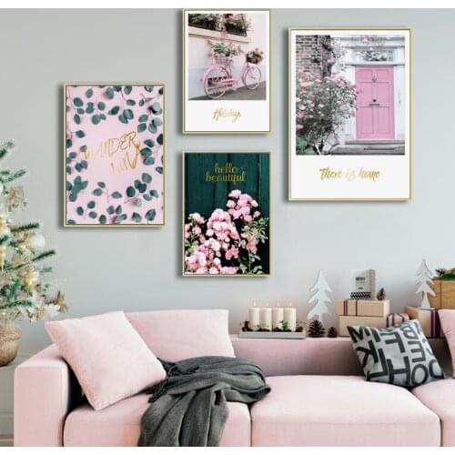 Beautiful Flowers Bicycle Holidays Wall Picture City Landscape Painting Pink Girl Large Painting For Living Room No Frame