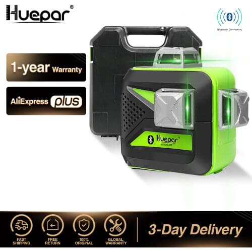 Huepar 3x360 Green Beam 3D Laser Level with Bluetooth Connectivity Cross Lines Three-Plane Self-Leveling Tools & Hard Carry Case