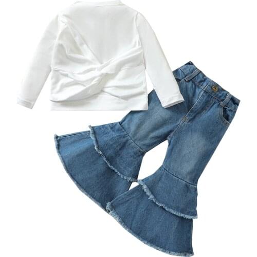 2021 0-5Y Fashion Kids Baby Girl Clothing Pleated Cross White Solid Long Sleeve T-shirt+Denim Flare Pants Autumn 2pcs Set