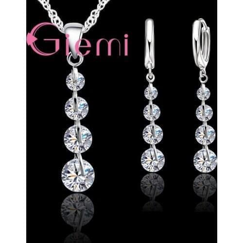 Real Romantic 925 Sterling Silver Cubic Zirconia Crystal Pendant Necklace Earrings Jewelry Set For Women Choker Wedding