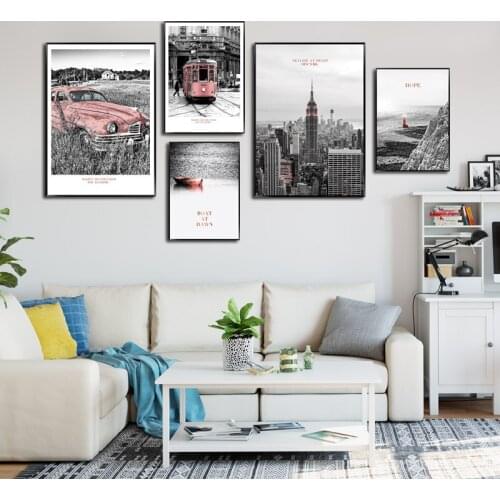 New York Black White Building Canvas Painting Pink Car Bus Poster and Print Living Room Morden Landscape Decorative Wall Picture