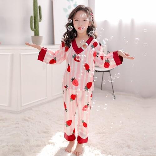Kids Pyjamas Set Print Girls Sleepwear Fake Silk V-neck Girl Pajamas Set Spring Autumn Winter Kid Homewear Big Girl Pijamas