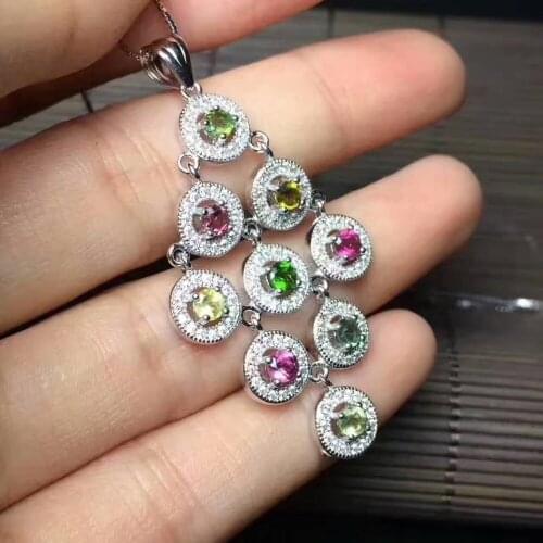 Natural Multicolor tourmaline Pendant natural gemstone pendant S925 silver luxurious round Circle girl party gift ,jewelery